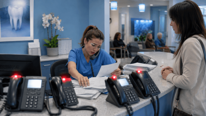Busy dental office reception desk with phone ringing and overwhelmed staff — missed calls cost practices thousands per week